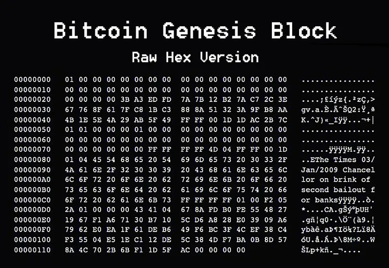 The genesis block in hex, with the Times headline visible in the ASCII column