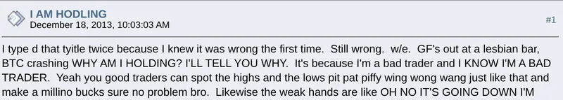 Top of GameKyuubi's BitcoinTalk post “I AM HODLING”, 18 Dec 2013