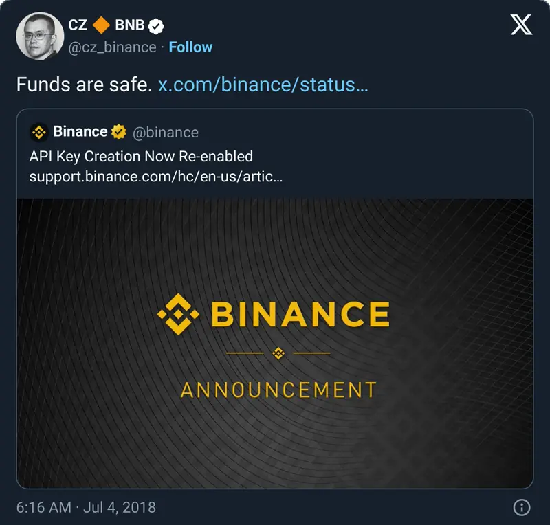 CZ's post “Funds are safe.”, 4 Jul 2018